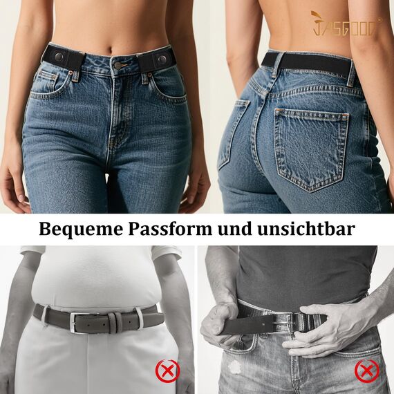 JasGood 2 Stück Gürtel Ohne Schnalle,Elastischer Unsichtbarer Gürtel, Dehnbarer Stretchgürtel für Damen und Herren,Justierbar Schnallenfreier Gurtel Für Jeans Hosen