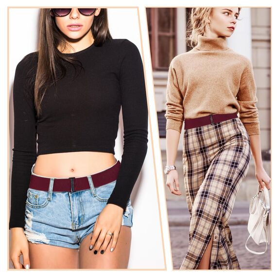 Cobee Unsichtbarer Damengürtel, verstellbarer elastischer Gürtel mit flacher Schnalle, kein sichtbarer Taillengürtel für Jeans, Hosen, Kleider (Weinrot)