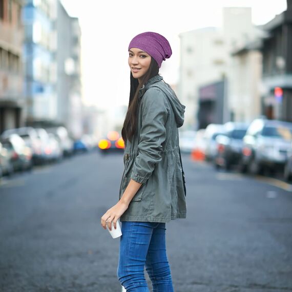 Slouchy Beanie-Mütze, Baumwolle, Chemo-Kopfbedeckung, Mützen für Damen und Herren, Denimblau/Lila, 2 Stück, Violett, Large