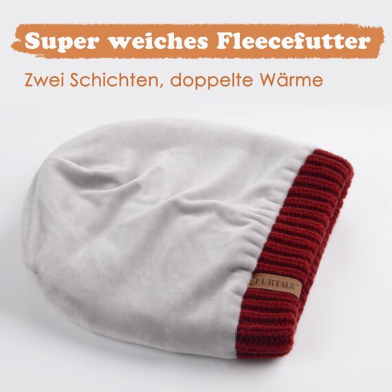 FURTALK Damen Beanie Mütze Warme Wintermütze mit Weichem Innenfutter Gefütterte Strickmütze,Weinrot,Einheitsgröße
