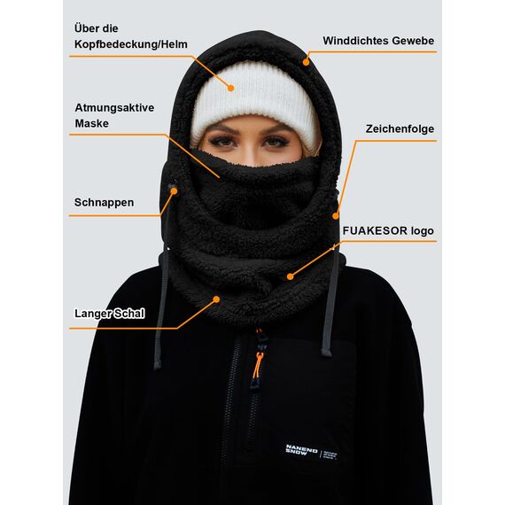 Fuakesor Plüsch Sturmhaube Mütze Winter Thermo Skimaske Fleece Windbeständig Gesichtshaube Mütze Schal Balaclava für Herren Damen (Schwarz)