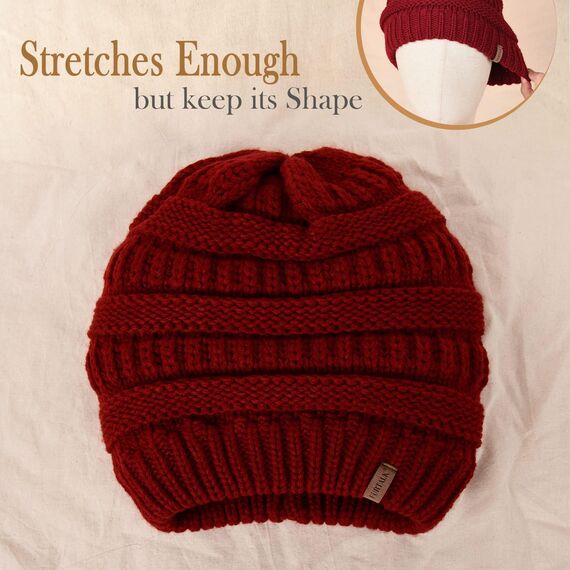 FURTALK Damen Beanie Mütze Warme Wintermütze mit Weichem Innenfutter Gefütterte Strickmütze,Weinrot,Einheitsgröße