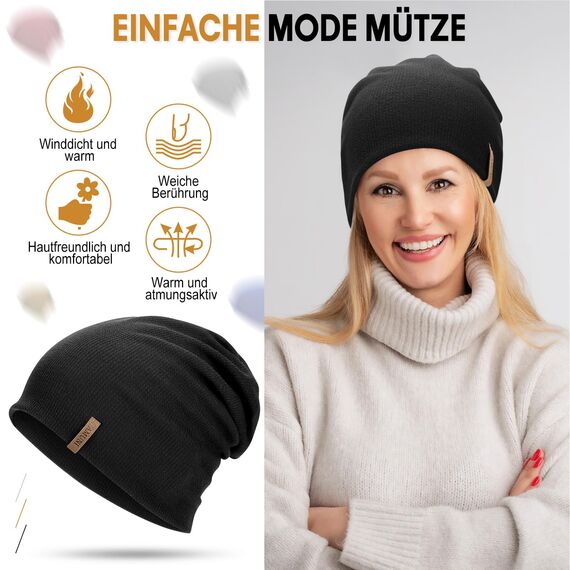HAMUNI Mütze Damen Dünne Mütze Herren - Slouch Beanie Mütze - Leicht Elastisch Weich Chemo Mützen - Atmungsaktiv Long Beanie - Ideale Beanie Mütze für Alle Jahreszeiten (01Schwarz)