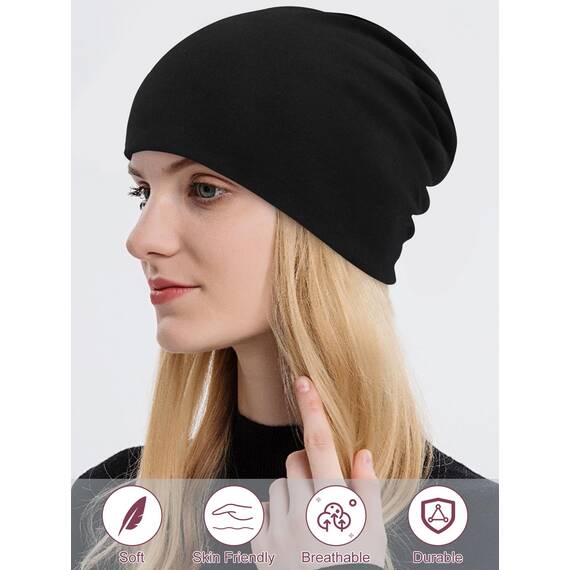 Senker Fashion Slouchy Beanie-Mütze für Damen und Herren, Chemo-Kopfbedeckung, Baumwolle, weich, leicht, Chemo-Totenkopfkappe, elastisch, Schwarz Rot, Large