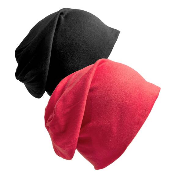 Senker Baggy Soft Cotton Slouchy Stretch Beanie Mütze, Chemo Mützen für Damen und Herren, Schwarz/Rot, 2 Stück, schwarz/red, Einheitsgröße