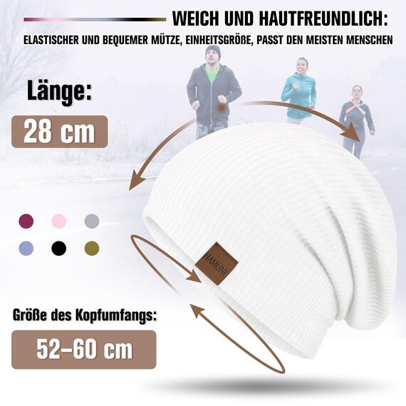 HAMUNI Mütze Damen Slouch Beanie Mütze Herren Elastisch Weich Bequem Jersey Mützen Klassische Mode Longbeanie perfekt für Frühling Herbst und Winter (Schnee Weiß)