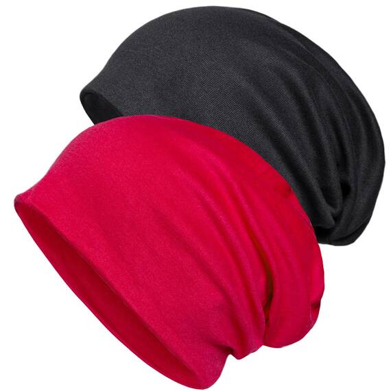 Senker Baggy Soft Cotton Slouchy Stretch Beanie Mütze, Chemo Mützen für Damen und Herren, Schwarz/Rot, 2 Stück, schwarz/red, Einheitsgröße