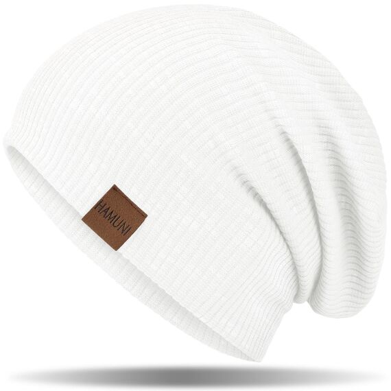 HAMUNI Mütze Damen Slouch Beanie Mütze Herren Elastisch Weich Bequem Jersey Mützen Klassische Mode Longbeanie perfekt für Frühling Herbst und Winter (Schnee Weiß)