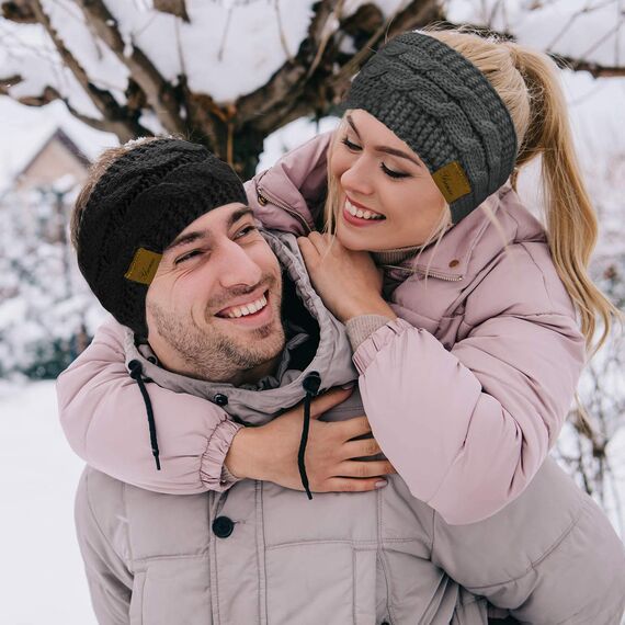 Winter Schleifen Stirnband Damen Gestrickt Warmes Stirnbänder Ohrenwärmer Kopfband Haarband Verdicken für Frauen Mädchen, Elastische Häkelarbeit Thermo Stirnband (Reines Schwarz, reines Grau)