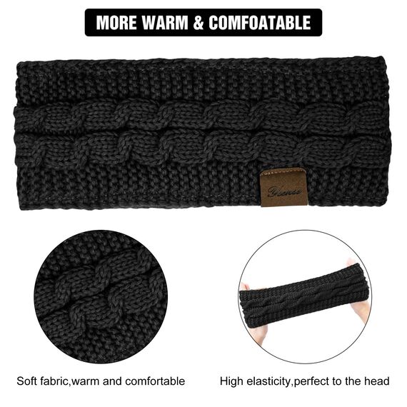Winter Schleifen Stirnband Damen Gestrickt Warmes Stirnbänder Ohrenwärmer Kopfband Haarband Verdicken für Frauen Mädchen, Elastische Häkelarbeit Thermo Stirnband (Reines Schwarz, reines Grau)