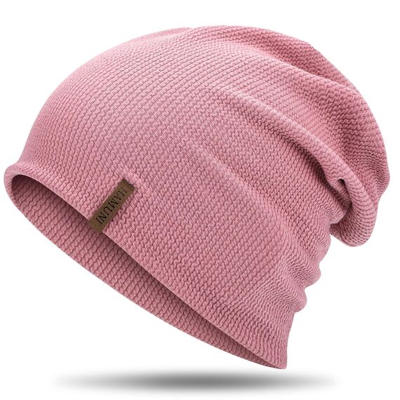HAMUNI Mütze Damen Dünne Mütze Herren - Slouch Beanie Mütze - Leicht Weich Chemo Mützen - Atmungsaktiv Long Beanie - Elastisch Mützen - Ideale Beanie Mütze für Alle Jahreszeiten (Rosa)