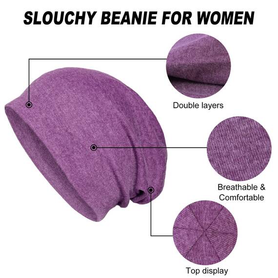 Senker 2er-Pack Baggy Soft Cotton Slouchy Stretch Beanie Mütze Chemo Mützen für Damen und Herren, violett / schwarz, Large