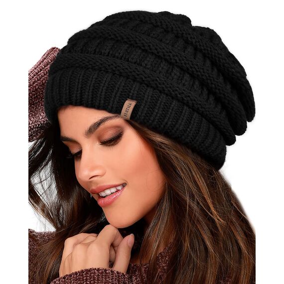 FURTALK Damen Beanie Mütze Warme Wintermütze mit Weichem Innenfutter Gefütterte Strickmütze,Schwarz,Einheitsgröße
