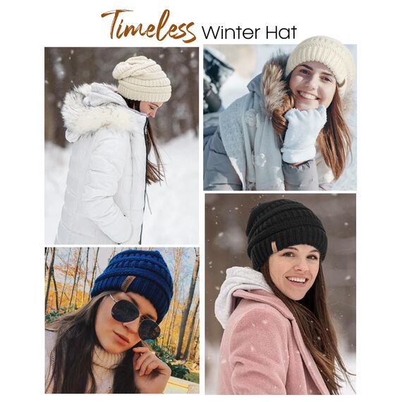 FURTALK Damen Beanie Mütze Warme Wintermütze mit Weichem Innenfutter Gefütterte Strickmütze,Schwarz,Einheitsgröße