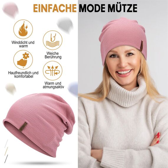 HAMUNI Mütze Damen Dünne Mütze Herren - Slouch Beanie Mütze - Leicht Weich Chemo Mützen - Atmungsaktiv Long Beanie - Elastisch Mützen - Ideale Beanie Mütze für Alle Jahreszeiten (Rosa)