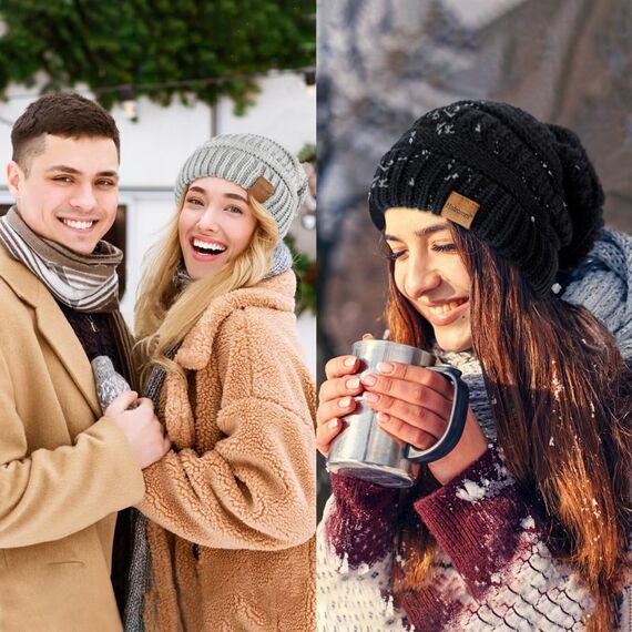 Hatromm Slouchy Mütze Damen Winter 3 Stück, Beanie Mütze Herren Übergroß Warmer Strick, Mütze Dick für Kaltes Wetter(Schwarz+Haferflocken+Dunkelgrau)