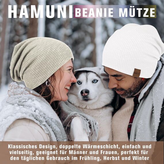 HAMUNI Mütze Damen Slouch Beanie Mütze Herren Elastisch Weich Bequem Jersey Mützen Klassische Mode Longbeanie perfekt für Frühling Herbst und Winter (Schnee Weiß)
