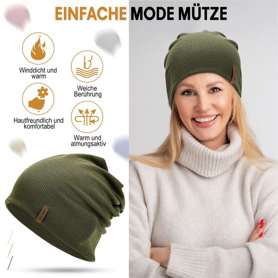 HAMUNI Mütze Damen Dünne Mütze Herren - Slouch Beanie Mütze - Leicht Weich Chemo Mütze - Atmungsaktiv Long Beanie - Elastisch Mütze - Ideale Beanie Mütze für Alle Jahreszeiten (Militärgrün)