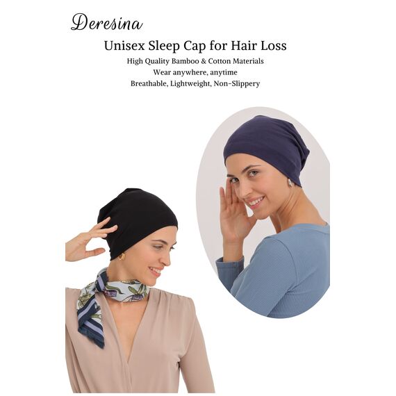 Deresina Bambus Chemo-Kopfbedeckung für Frauen & Männer – Ultra-weiche, atmungsaktive Schlafmütze bei Alopezie & Haarausfall, leichte Beanie für Tag & Nacht (x Schwarz - Denim - Einheitsgröße)