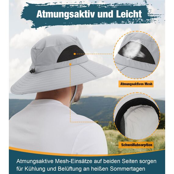 Wmcaps Sonnenhut Herren UV Schutz, Breite Krempe Wanderhut Damen Outdoor, Faltbar Safari Sonnenschutz Hut（Dunkelgrau）