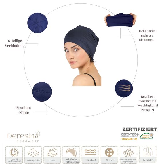 Deresina Bambus Chemo-Kopfbedeckung für Frauen & Männer – Ultra-weiche, atmungsaktive Schlafmütze bei Alopezie & Haarausfall, leichte Beanie für Tag & Nacht (Denim - Einheitsgröße)