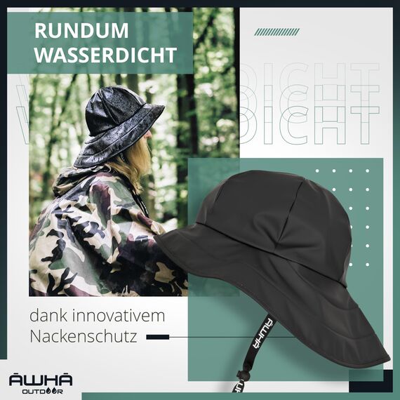 AWHA Südwester Regenhut schwarz/Unisex - wasserdichte Mütze mit breiter Krempe und Ohrenklappen