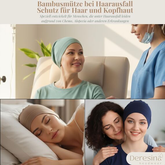 Deresina Bambus Chemo-Kopfbedeckung für Frauen & Männer – Ultra-weiche, atmungsaktive Schlafmütze bei Alopezie & Haarausfall, leichte Beanie für Tag & Nacht (Denim - Einheitsgröße)
