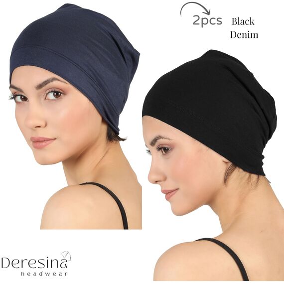 Deresina Bambus Chemo-Kopfbedeckung für Frauen & Männer – Ultra-weiche, atmungsaktive Schlafmütze bei Alopezie & Haarausfall, leichte Beanie für Tag & Nacht (x Schwarz - Denim - Einheitsgröße)