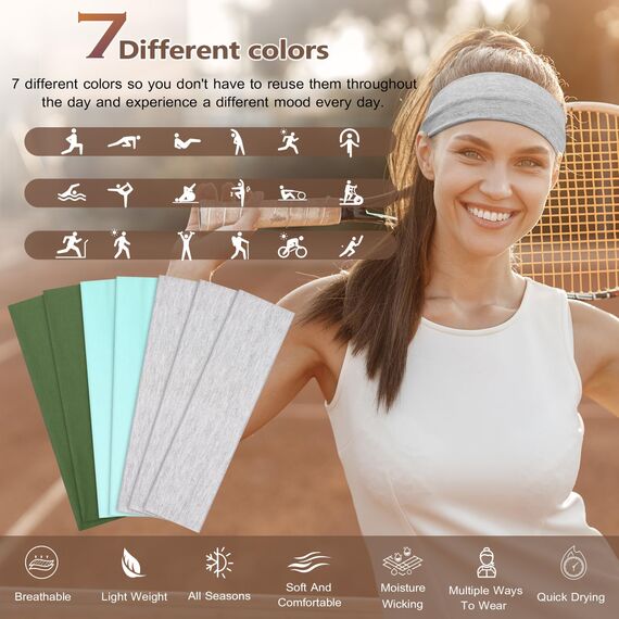 DiyJibb Stirnbänder für Damen, dehnbare, rutschfeste, weiche Baumwoll-Haarbänder für Sport, Workout, Yoga und Laufen, 7 Stück