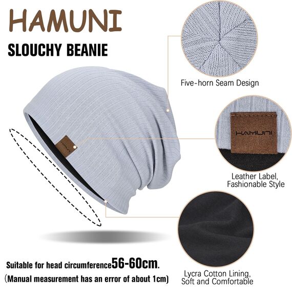 HAMUNI Slouchy Beanie Hip-Hop Weiche Leichte Laufende Beanie Mütze Atmungsaktivität Erwachsene Zwerg Hüte Chemo Cap Schädel Cap für Herren Damen (Nebelblau)