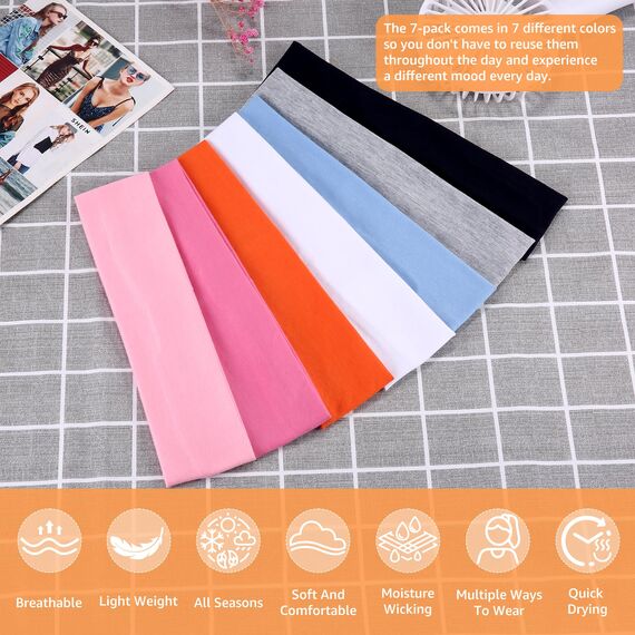 DiyJibb Stirnbänder für Damen, rutschfest, modische Sport-Haarbänder für Damenhaar, weiches Baumwolltuch, dehnbare Stirnbänder für Damen, für Workout, Yoga, Laufen, 7 Stück