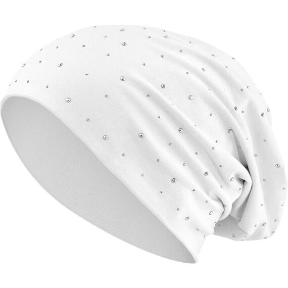 Jersey Baumwolle elastisches Long Slouch Beanie Unisex Herren Damen mit Strass Stern Steinen Mütze Heather in 35 (7) (White)