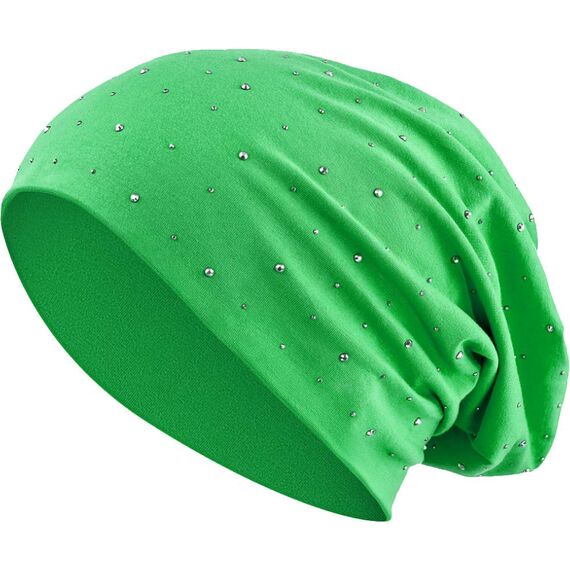 Jersey Baumwolle elastisches Long Slouch Beanie Unisex Herren Damen mit Strass Stern Steinen Mütze Heather in 35 (7) (Green)