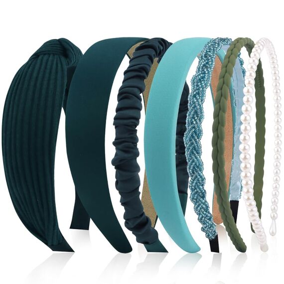 Kotkiddy 7 Stück Haarreifen Set Damen, verschiedene Modelle, Perlen Stirnbänder, Stirnbänd Kunststoff Haarreif Stirnbänder Haarband für Mädchen Damen(Dunkelgrün)