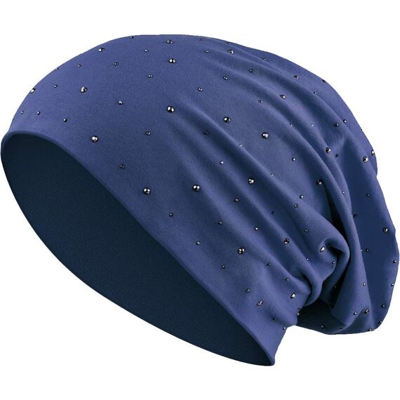 Jersey Baumwolle elastisches Long Slouch Beanie Unisex Herren Damen mit Strass Stern Steinen Mütze Heather in 35 (7) (Dark Blue)