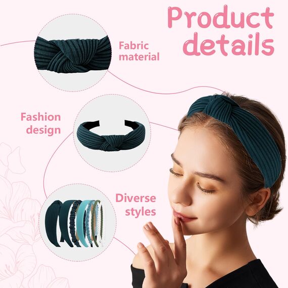Kotkiddy 7 Stück Haarreifen Set Damen, verschiedene Modelle, Perlen Stirnbänder, Stirnbänd Kunststoff Haarreif Stirnbänder Haarband für Mädchen Damen(Dunkelgrün)