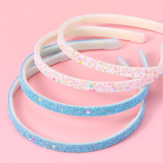 WLLHYF 4 Stück Glitzer-Haarband Buntes Haar-Accessoire Kunststoff Glitzernd Niedlich Rutschfest Dick Glitzernd Konfetti Regenbogen-Haarbänder mit Zähnen für Kleine Mädchen (Sterne Blau Rosa)