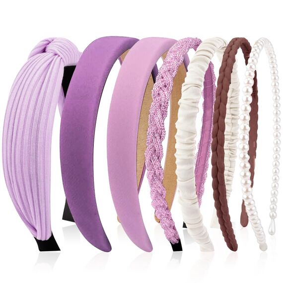 Kotkiddy 7 Stück Haarreifen Set Damen, verschiedene Modelle, Perlen Stirnbänder, Stirnbänd Kunststoff Haarreif Stirnbänder Haarband für Mädchen Damen (Lila)