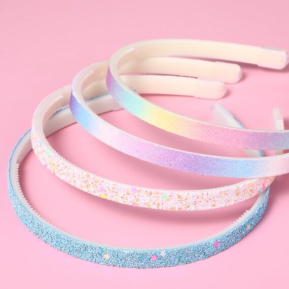 WLLHYF 4 Stück Glitzer-Haarband, Buntes Haar-Accessoire Kunststoff Glitzernd Niedlich Rutschfest Dick Glitzernd Konfetti Regenbogen-Haarbänder mit Zähnen für Kleine Mädchen (2 Farbverlauf 2 Sterne)