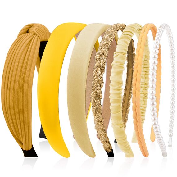 Kotkiddy 7 Stück Haarreifen Set Damen, verschiedene Modelle, Perlen Stirnbänder, Stirnbänd Kunststoff Haarreif Stirnbänder Haarband für Mädchen Damen (gelb)