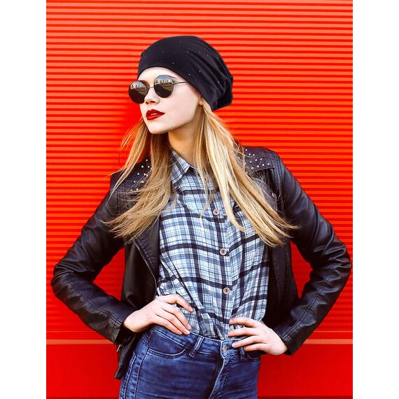 Jersey Baumwolle elastisches Long Slouch Beanie Unisex Herren Damen mit Strass Stern Steinen Mütze Heather in 35 (7) (Brown)