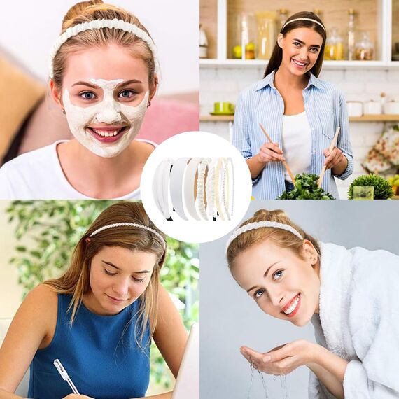 Kotkiddy 7 Stück Haarreifen Set Damen, verschiedene Modelle, Perlen Stirnbänder, Stirnbänd Kunststoff Haarreif Stirnbänder Haarband für Mädchen Damen (weiß)