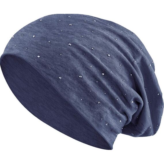 Jersey Baumwolle elastisches Long Slouch Beanie Unisex Herren Damen mit Strass Stern Steinen Mütze Heather in 35 (7) (Heather Grey-Blue)