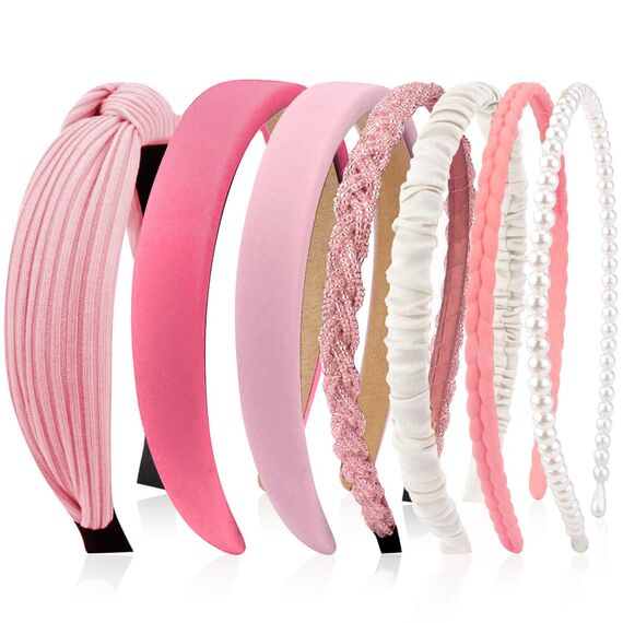 Kotkiddy 7 Stück Haarreifen Set Damen, verschiedene Modelle, Perlen Stirnbänder, Stirnbänd Kunststoff Haarreif Stirnbänder Haarband für Mädchen Damen (Rosa)