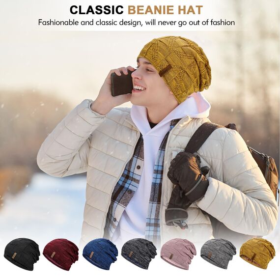 HAMUNI Mütze Damen - Atmungsaktiv Strickmütze Herren - Slouch Beanie Mütze mit Weichem Fleece Innenfutter - Unisex Wintermütze - Klassische Herren Damen Mütze für Herbst Winter Frühjahr (Gelb)