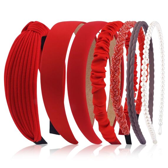 Kotkiddy 7 Stück Haarreifen Set Damen, verschiedene Modelle, Perlen Stirnbänder, Stirnbänd Kunststoff Haarreif Stirnbänder Haarband für Mädchen Damen(Rot)