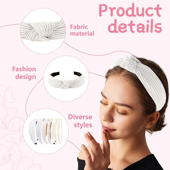 Kotkiddy 7 Stück Haarreifen Set Damen, verschiedene Modelle, Perlen Stirnbänder, Stirnbänd Kunststoff Haarreif Stirnbänder Haarband für Mädchen Damen (weiß)