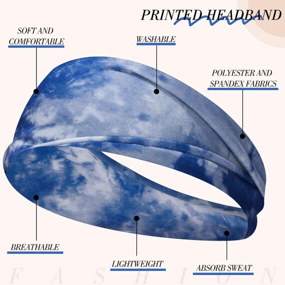 obeoby Batik-Stirnbänder, Boho-Haarbänder, Hippie-Geschenke für Frauen, modischer Knoten, breites Stirnband für tägliche Yoga-Arbeit, 8 Stück