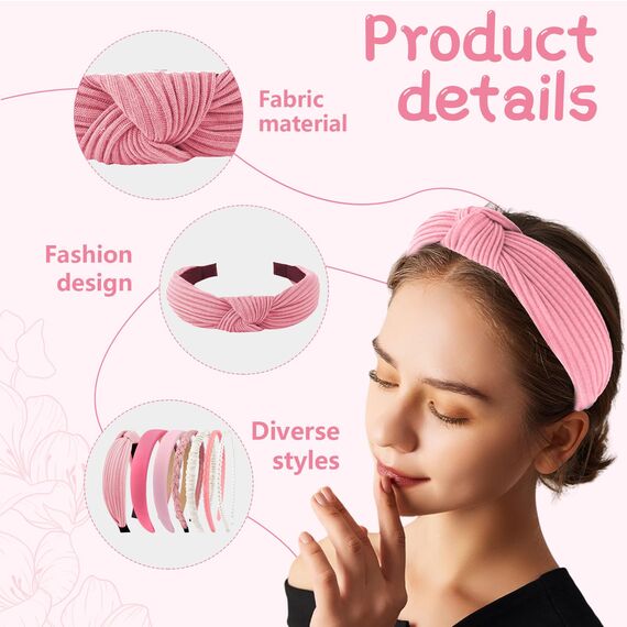 Kotkiddy 7 Stück Haarreifen Set Damen, verschiedene Modelle, Perlen Stirnbänder, Stirnbänd Kunststoff Haarreif Stirnbänder Haarband für Mädchen Damen (Rosa)