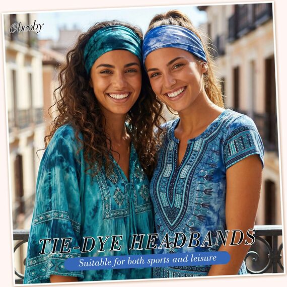 obeoby Batik-Stirnbänder, Boho-Haarbänder, Hippie-Geschenke für Frauen, modischer Knoten, breites Stirnband für tägliche Yoga-Arbeit, 8 Stück